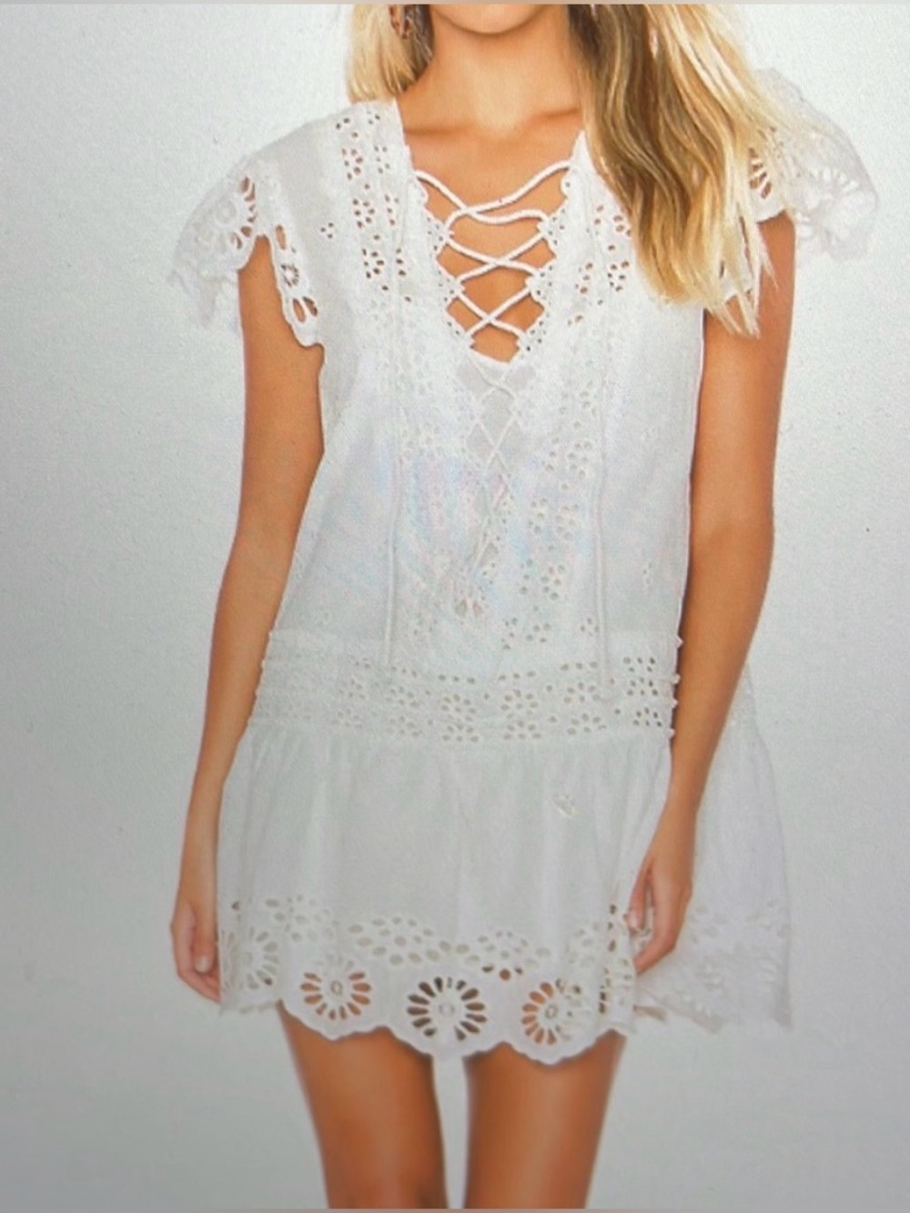 Free People Esperanza Eyelet Crochet Lace-Up Mini‎ Dress - White Ivory Medium
